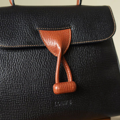 Loewe Vintage Black Brown Grained Leather Twisted Knot 2way Shoulder Flap Bag