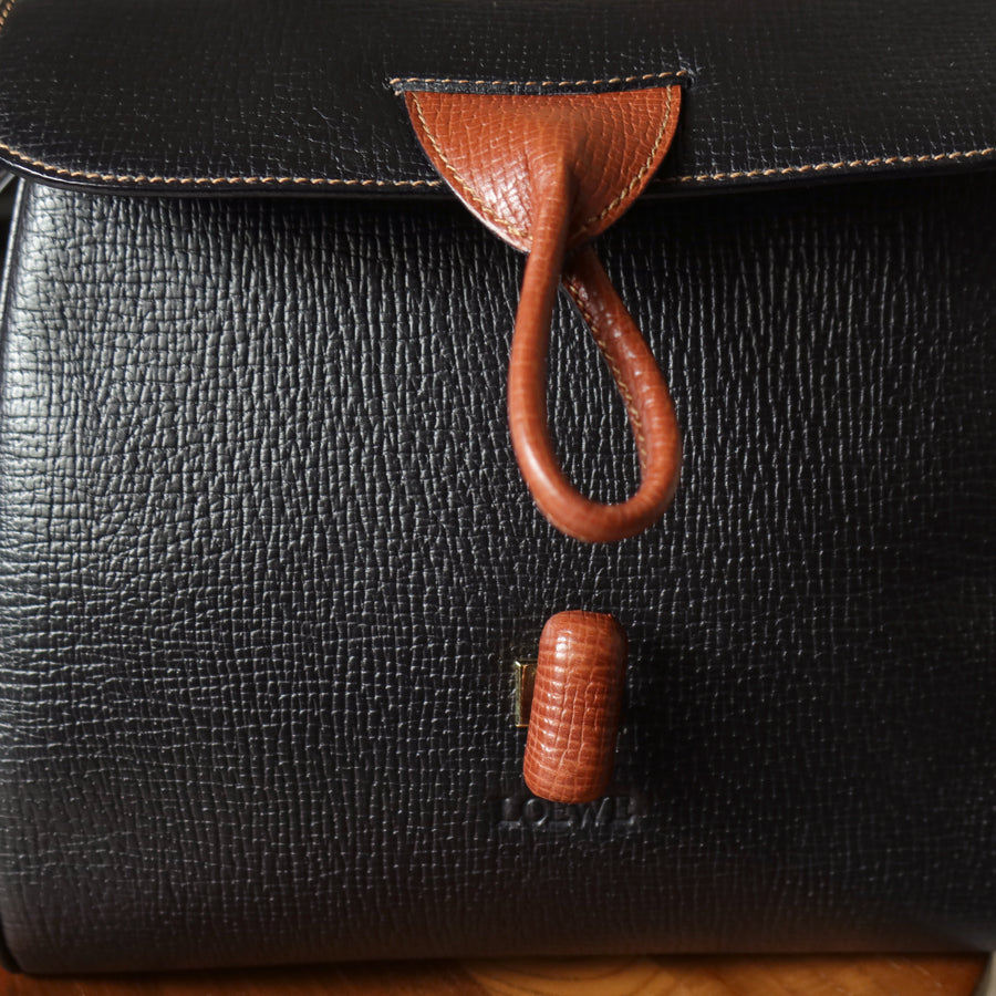 Loewe Vintage Black Brown Grained Leather Twisted Knot 2way Shoulder Flap Bag