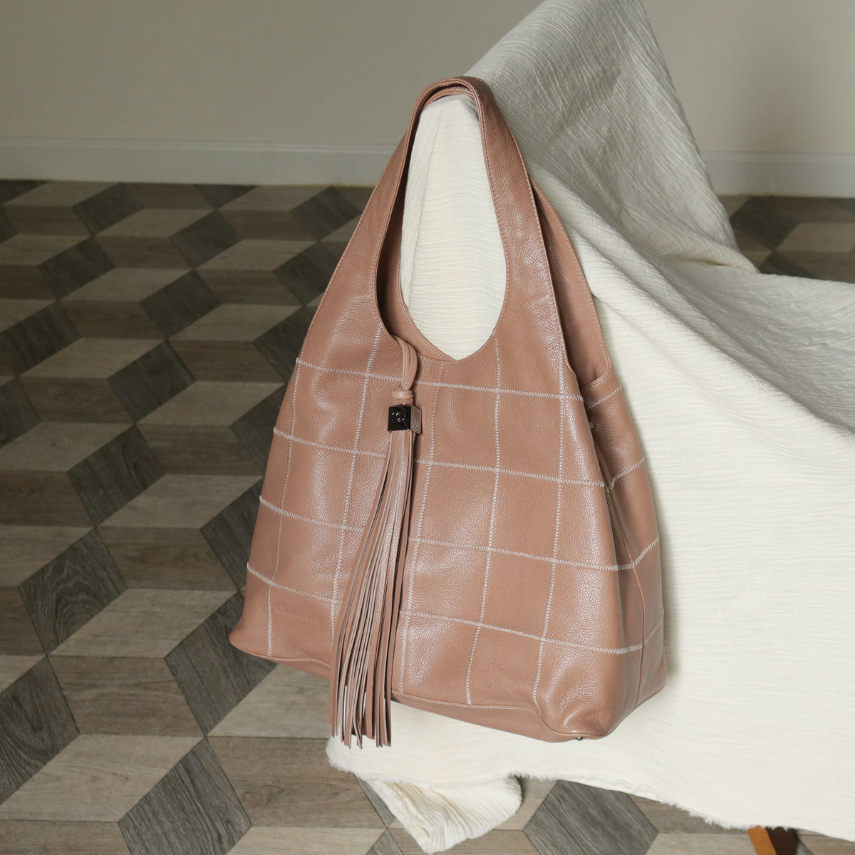Rare Chanel Vintage Dusty Pink Caviar Leather Block Stitching CC Tassel Hobo Tote Bag
