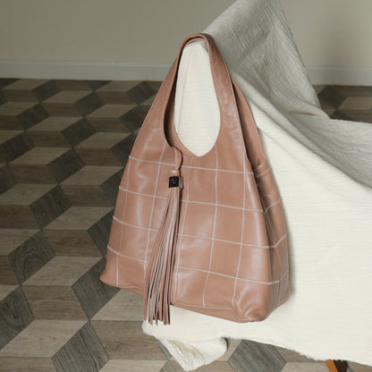 Rare Chanel Vintage Dusty Pink Caviar Leather Block Stitching CC Tassel Hobo Tote Bag