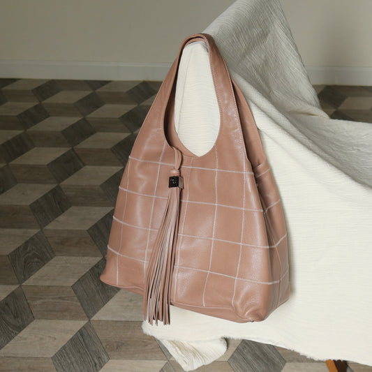 Rare Chanel Vintage Dusty Pink Caviar Leather Block Stitching CC Tassel Hobo Tote Bag