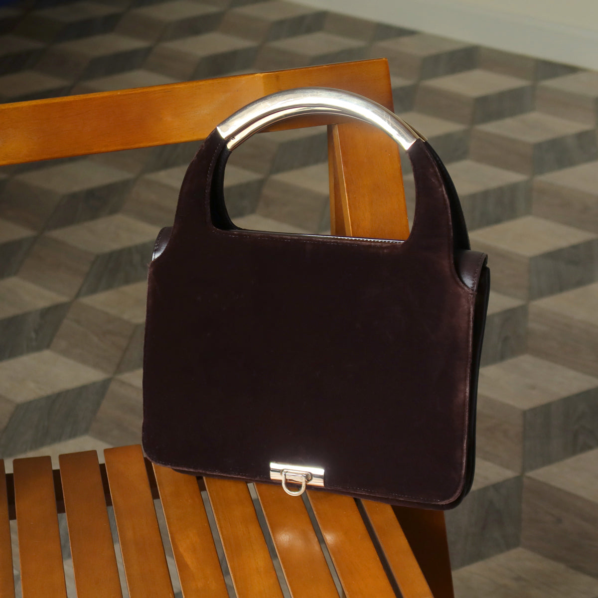 Loewe Vintage Dark Brown Leather Gancini Top Handle Flap Bag