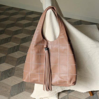 Rare Chanel Vintage Dusty Pink Caviar Leather Block Stitching CC Tassel Hobo Tote Bag