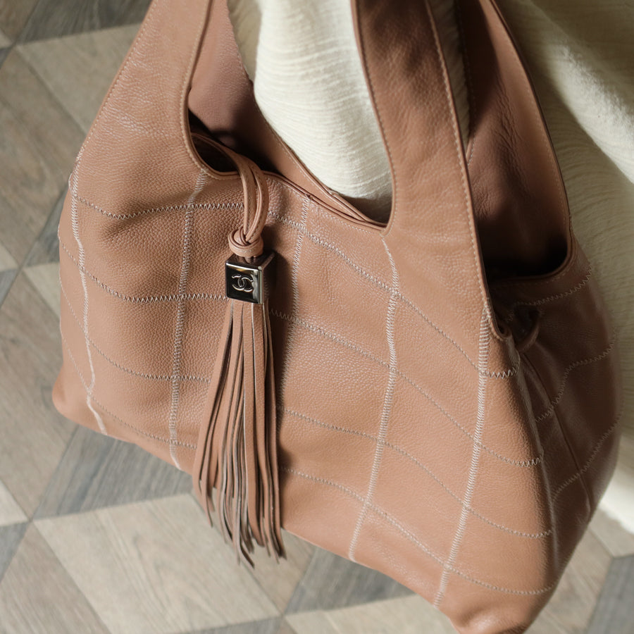 Rare Chanel Vintage Dusty Pink Caviar Leather Block Stitching CC Tassel Hobo Tote Bag