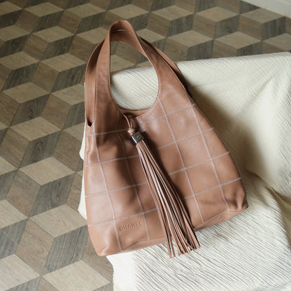 Rare Chanel Vintage Dusty Pink Caviar Leather Block Stitching CC Tassel Hobo Tote Bag
