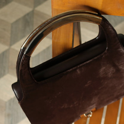 Loewe Vintage Dark Brown Leather Gancini Top Handle Flap Bag