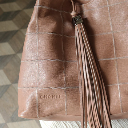Rare Chanel Vintage Dusty Pink Caviar Leather Block Stitching CC Tassel Hobo Tote Bag