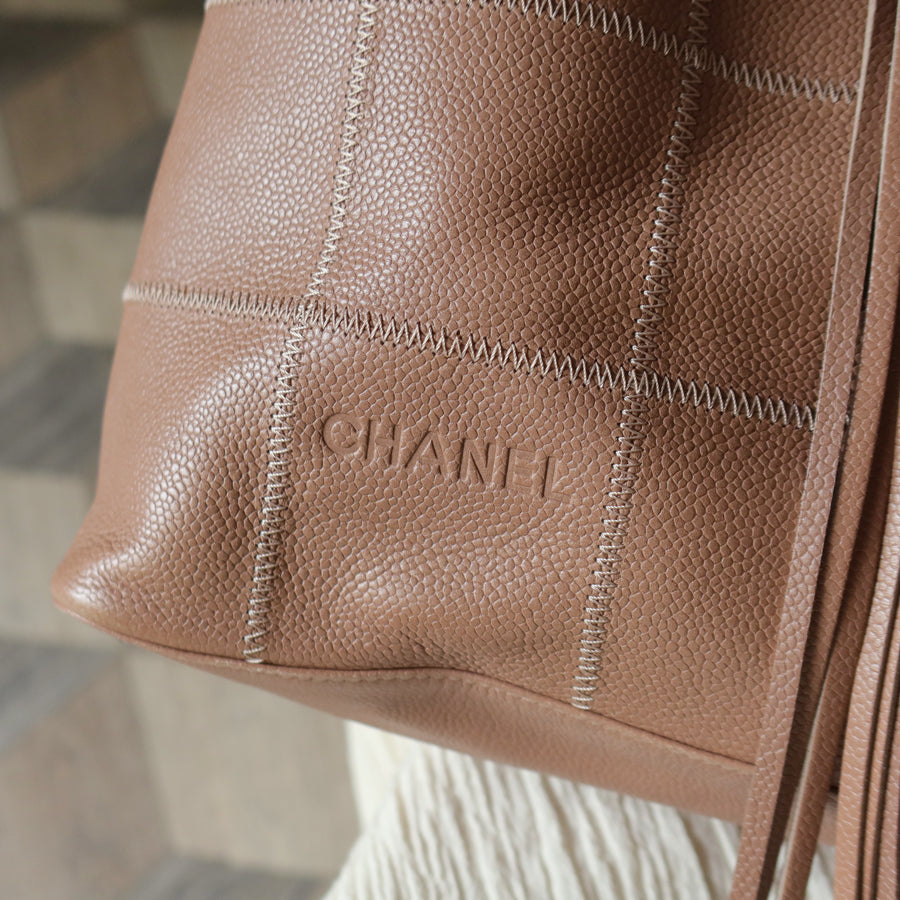 Rare Chanel Vintage Dusty Pink Caviar Leather Block Stitching CC Tassel Hobo Tote Bag