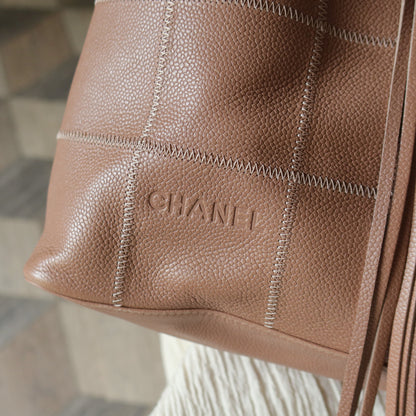 Rare Chanel Vintage Dusty Pink Caviar Leather Block Stitching CC Tassel Hobo Tote Bag