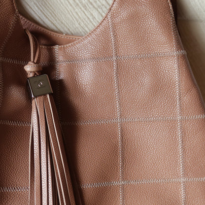 Rare Chanel Vintage Dusty Pink Caviar Leather Block Stitching CC Tassel Hobo Tote Bag
