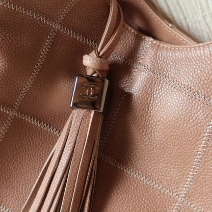 Rare Chanel Vintage Dusty Pink Caviar Leather Block Stitching CC Tassel Hobo Tote Bag