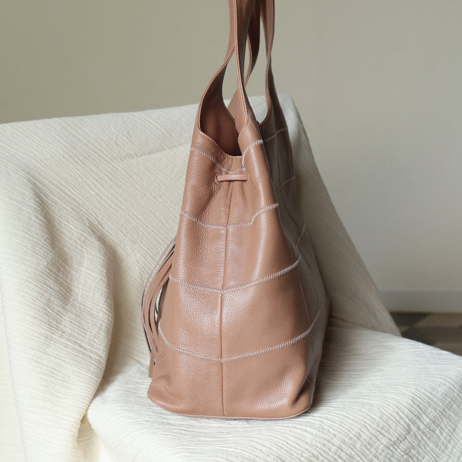 Rare Chanel Vintage Dusty Pink Caviar Leather Block Stitching CC Tassel Hobo Tote Bag