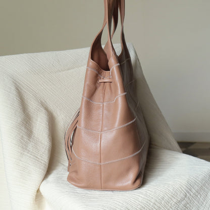 Rare Chanel Vintage Dusty Pink Caviar Leather Block Stitching CC Tassel Hobo Tote Bag