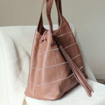 Rare Chanel Vintage Dusty Pink Caviar Leather Block Stitching CC Tassel Hobo Tote Bag