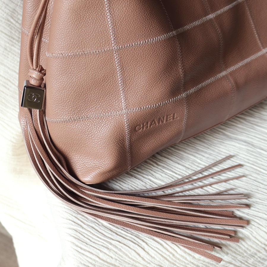 Rare Chanel Vintage Dusty Pink Caviar Leather Block Stitching CC Tassel Hobo Tote Bag