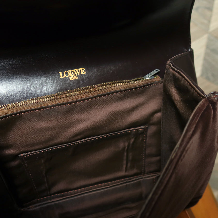 Loewe Vintage Dark Brown Leather Gancini Top Handle Flap Bag