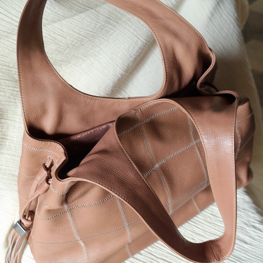 Rare Chanel Vintage Dusty Pink Caviar Leather Block Stitching CC Tassel Hobo Tote Bag