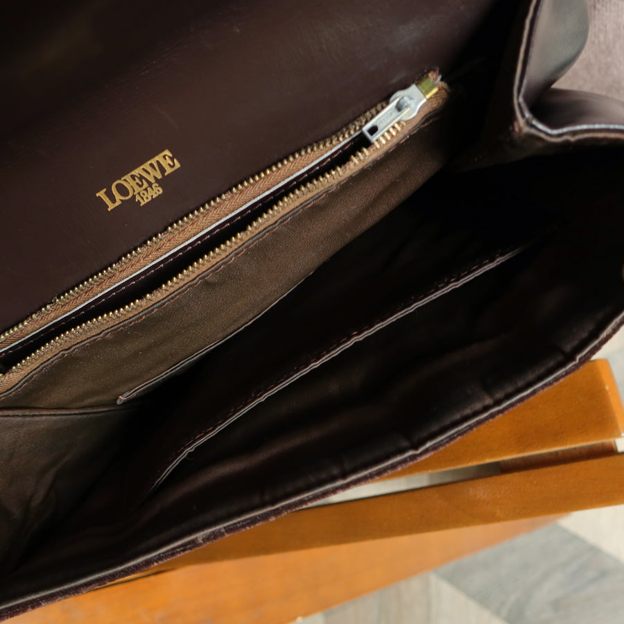 Loewe Vintage Dark Brown Leather Gancini Top Handle Flap Bag