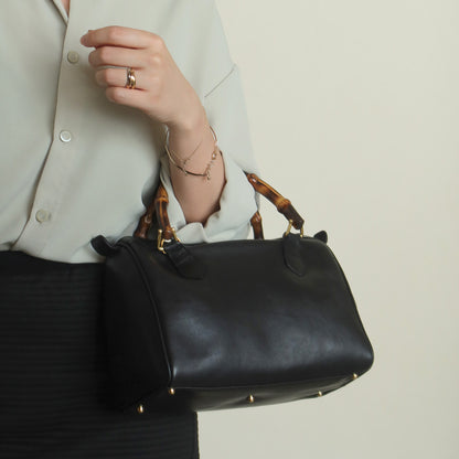 Gucci Vintage Black Leather Bamboo Handle Mini Boston 2 way Bag