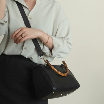 Gucci Vintage Black Leather Bamboo Handle Mini Boston 2 way Bag
