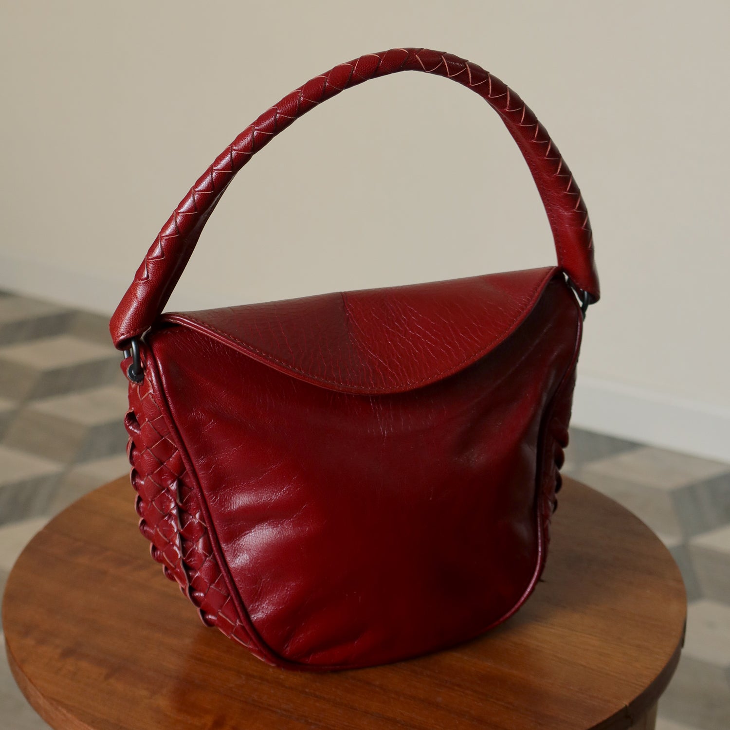 Bottega Veneta Vintage Intrecciato Weave Scarlet Red Half Moon Bag