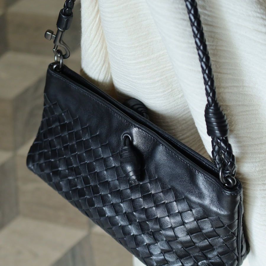 Bottega Veneta Vintage Black Intrecciato Weave Mini Pochette Clutch Shoulder Bag S2