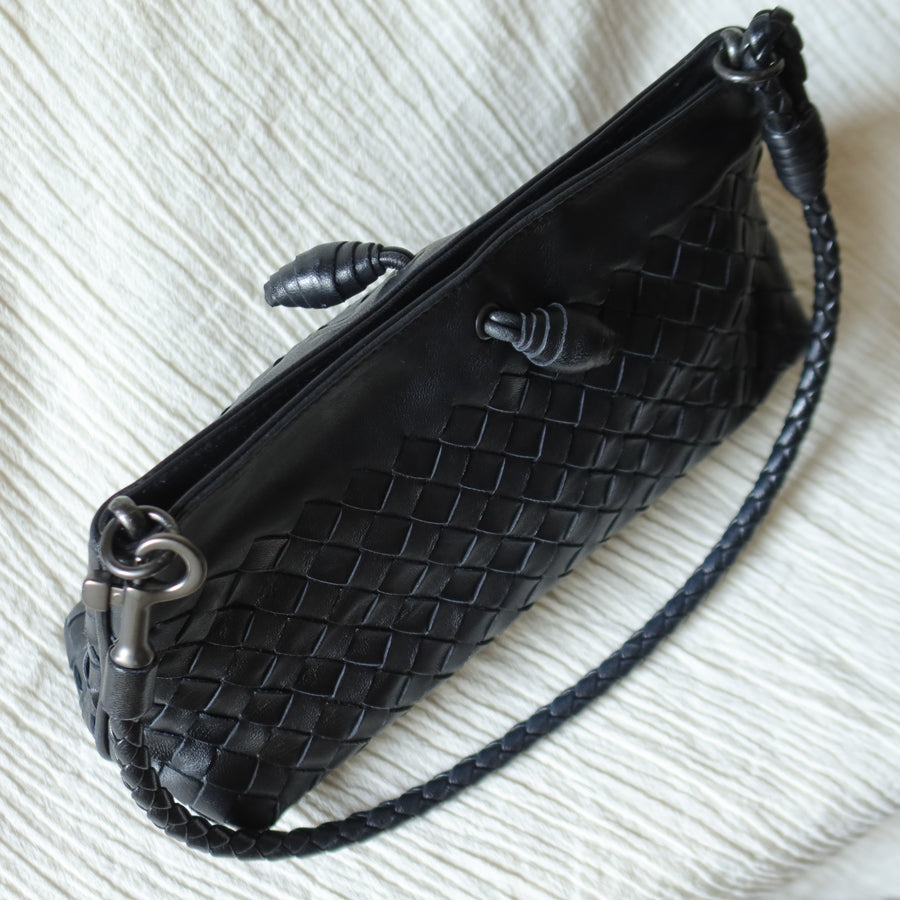 Bottega Veneta Vintage Black Intrecciato Weave Mini Pochette Clutch Shoulder Bag S2