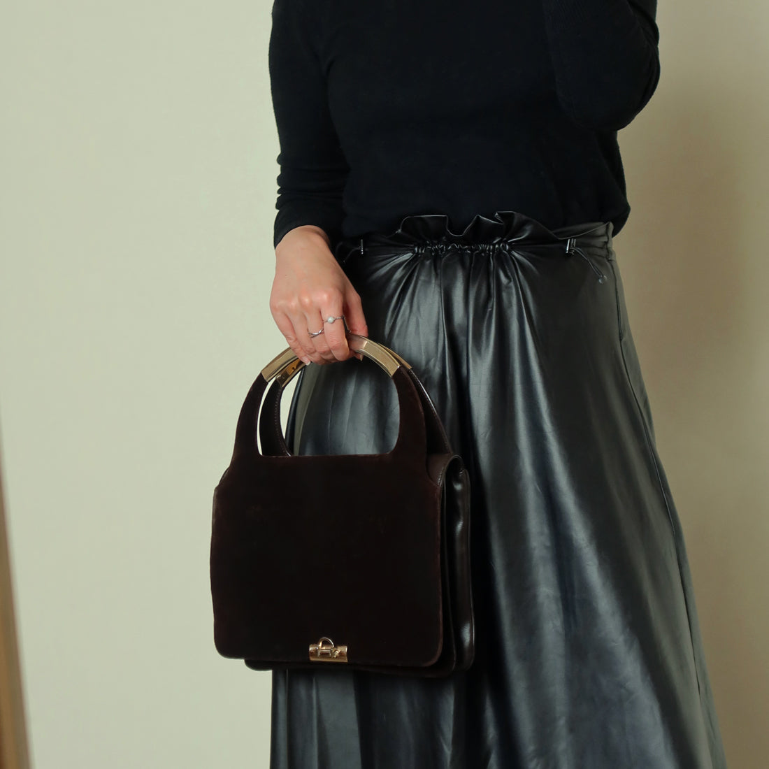 Loewe Vintage Dark Brown Leather Gancini Top Handle Flap Bag
