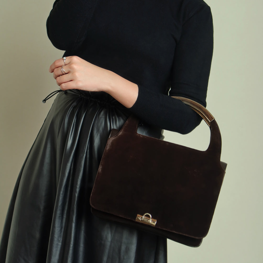 Loewe Vintage Dark Brown Leather Gancini Top Handle Flap Bag