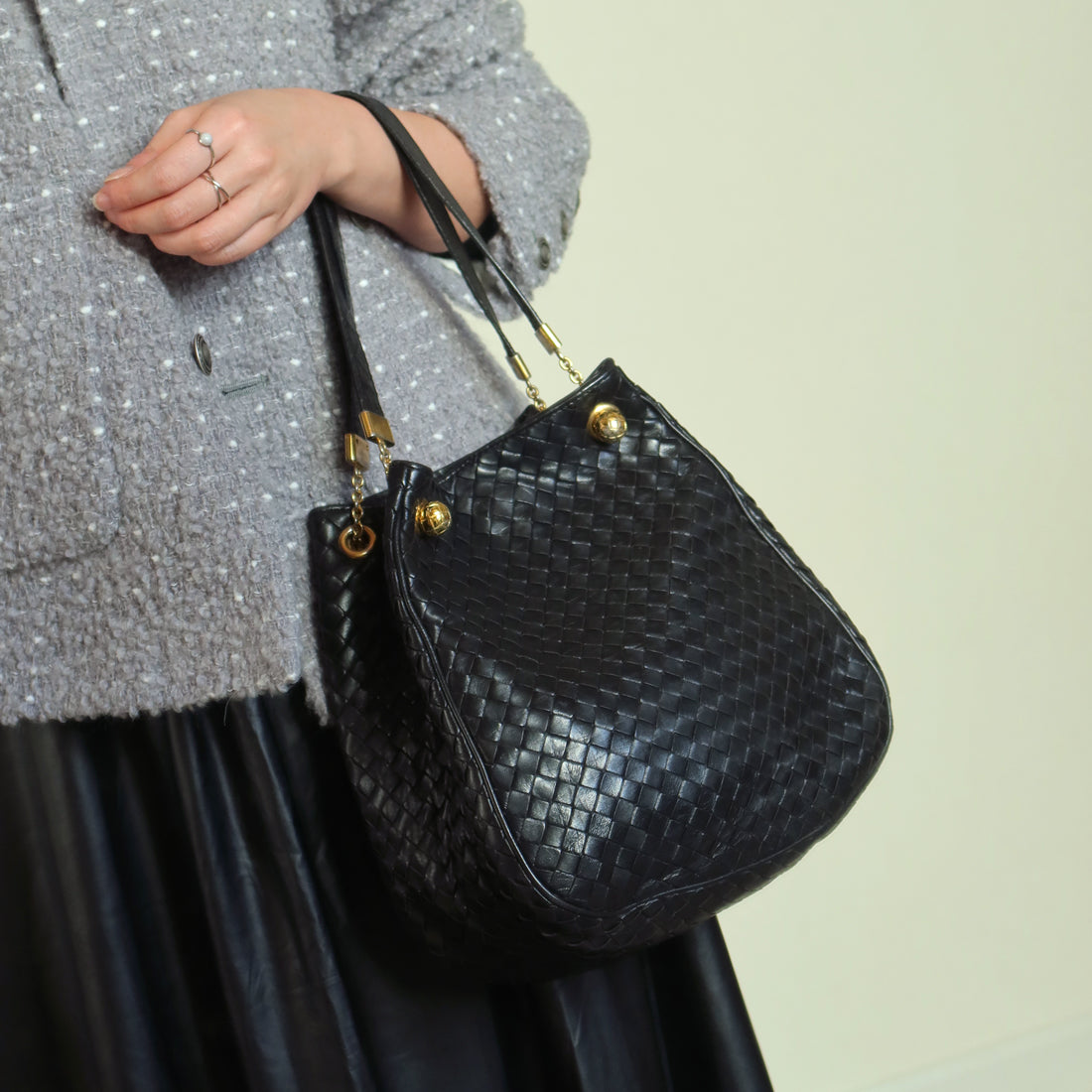 Bottega Veneta Vintage Black Intrecciato Leather Relaxed Shoulder Bag