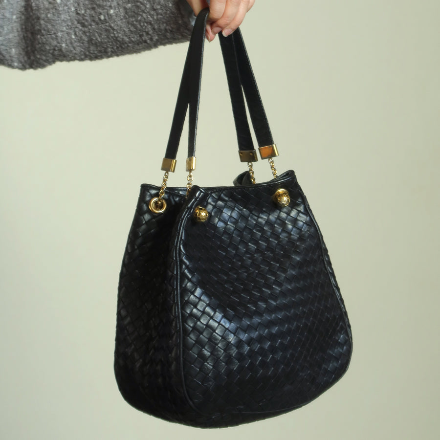 Bottega Veneta Vintage Black Intrecciato Leather Relaxed Shoulder Bag