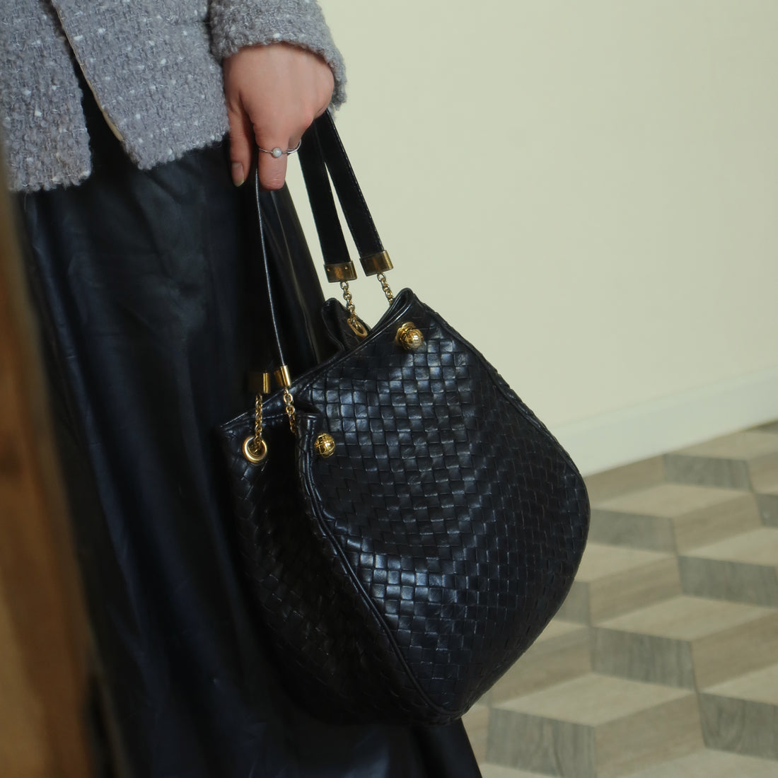 Bottega Veneta Vintage Black Intrecciato Leather Relaxed Shoulder Bag