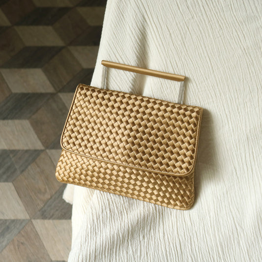 Rare Bottega Veneta Vintage Gold Satin Intrecciato Clutch 2 way Flap Bag