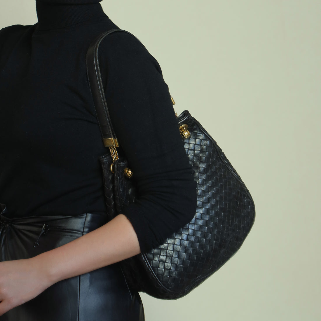 Bottega Veneta Vintage Black Intrecciato Leather Relaxed Shoulder Bag