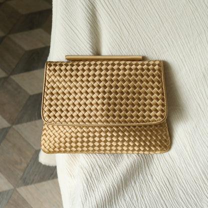 Rare Bottega Veneta Vintage Gold Satin Intrecciato Clutch 2 way Flap Bag