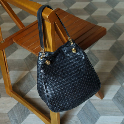 Bottega Veneta Vintage Black Intrecciato Leather Relaxed Shoulder Bag