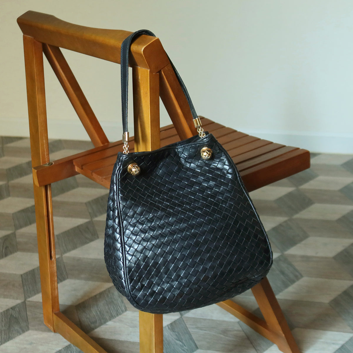 Bottega Veneta Vintage Black Intrecciato Leather Relaxed Shoulder Bag