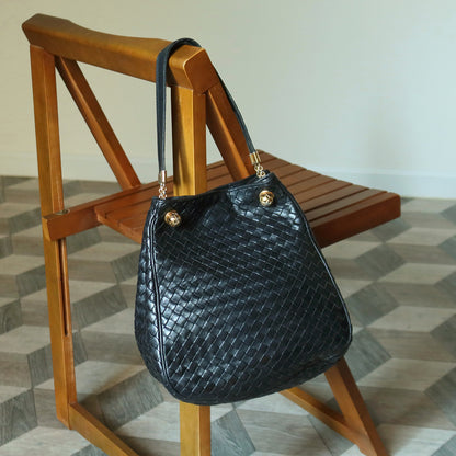 Bottega Veneta Vintage Black Intrecciato Leather Relaxed Shoulder Bag