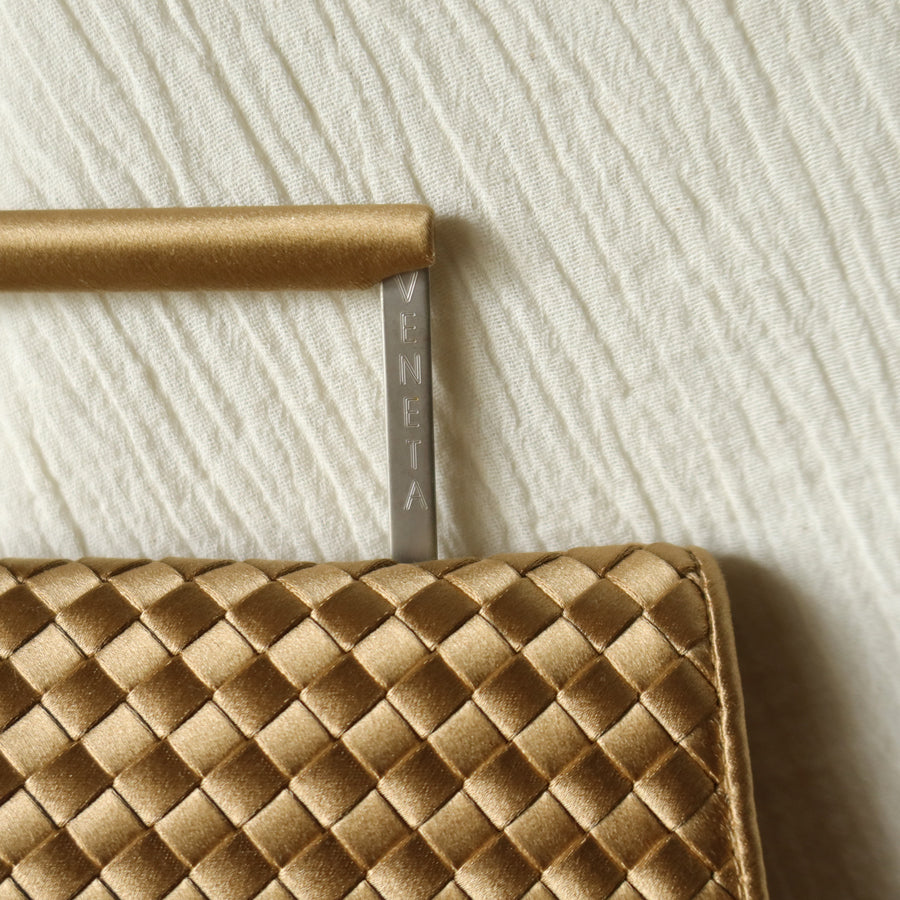 Rare Bottega Veneta Vintage Gold Satin Intrecciato Clutch 2 way Flap Bag