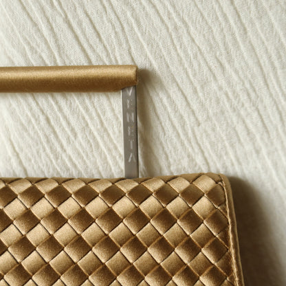 Rare Bottega Veneta Vintage Gold Satin Intrecciato Clutch 2 way Flap Bag