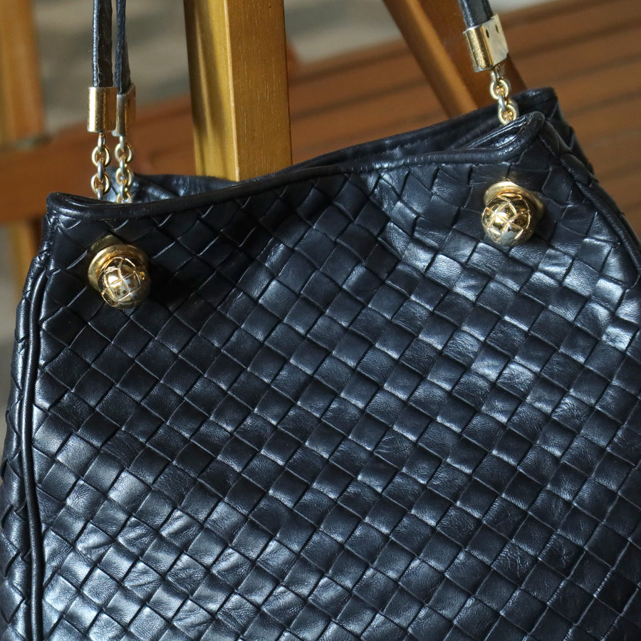 Bottega Veneta Vintage Black Intrecciato Leather Relaxed Shoulder Bag