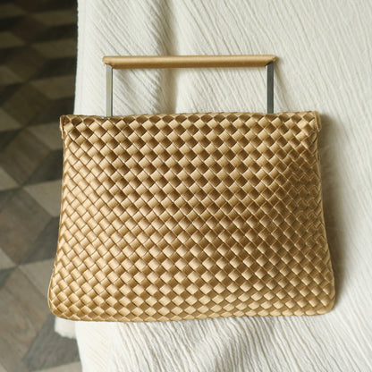 Rare Bottega Veneta Vintage Gold Satin Intrecciato Clutch 2 way Flap Bag