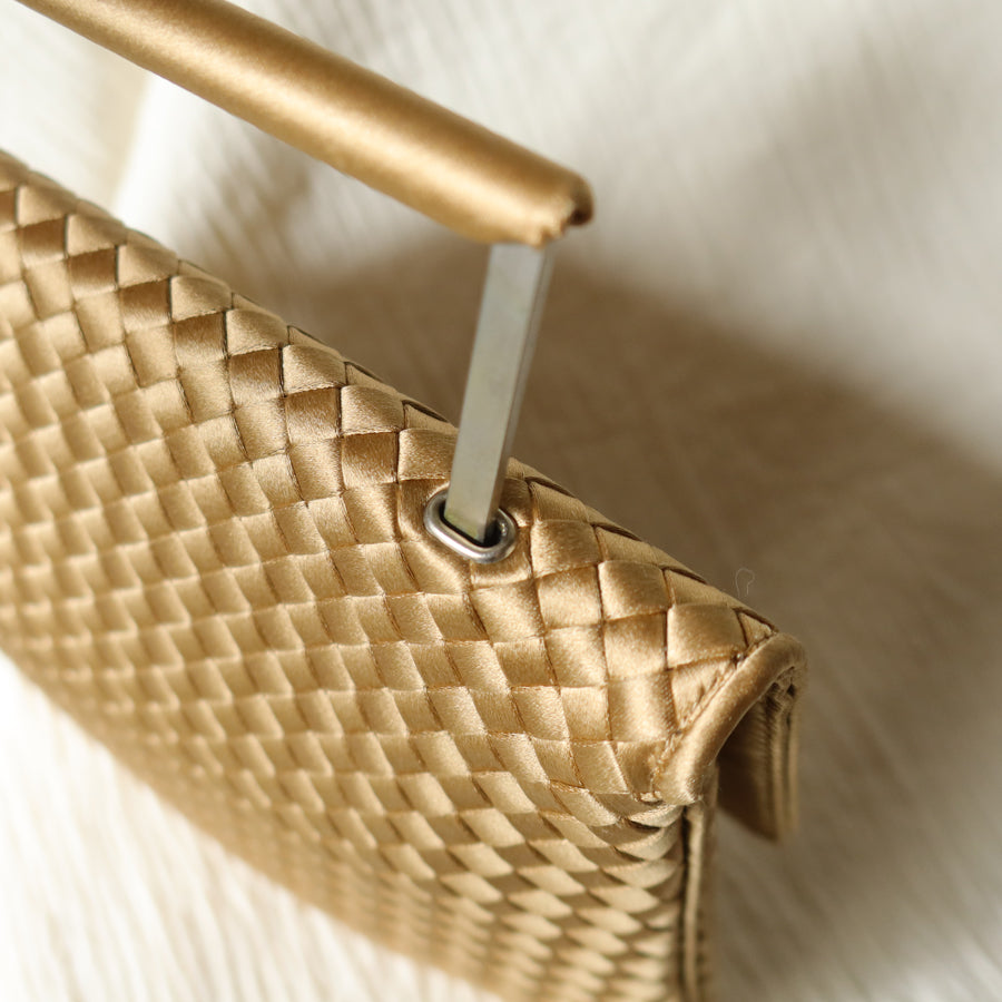 Rare Bottega Veneta Vintage Gold Satin Intrecciato Clutch 2 way Flap Bag