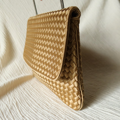 Rare Bottega Veneta Vintage Gold Satin Intrecciato Clutch 2 way Flap Bag