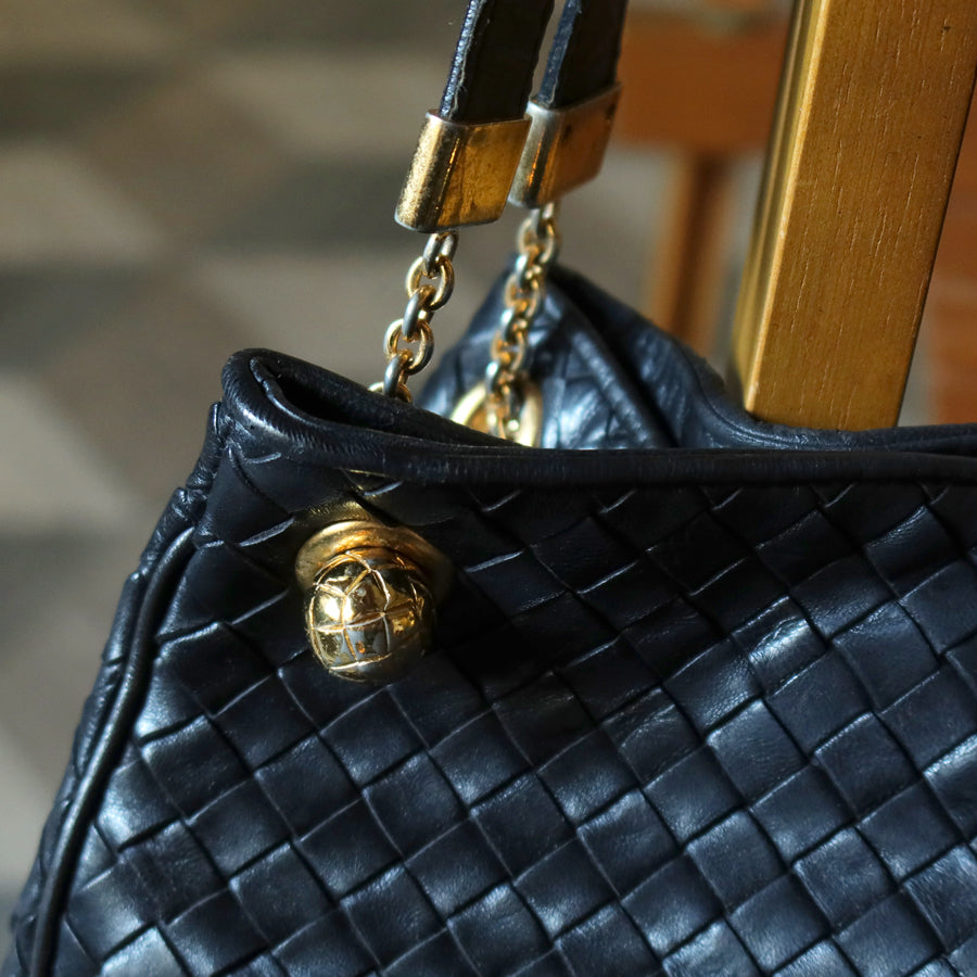 Bottega Veneta Vintage Black Intrecciato Leather Relaxed Shoulder Bag