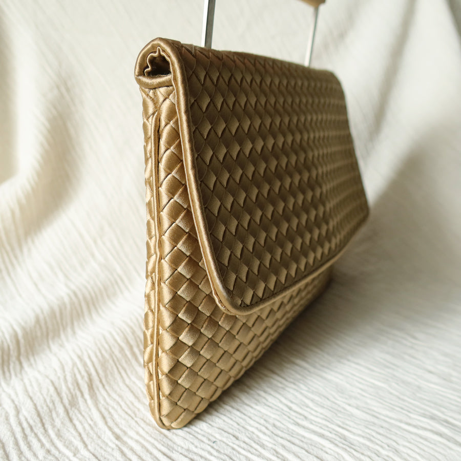 Rare Bottega Veneta Vintage Gold Satin Intrecciato Clutch 2 way Flap Bag