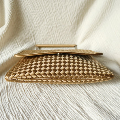 Rare Bottega Veneta Vintage Gold Satin Intrecciato Clutch 2 way Flap Bag