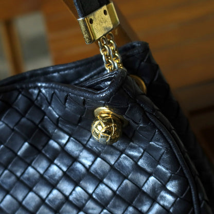 Bottega Veneta Vintage Black Intrecciato Leather Relaxed Shoulder Bag