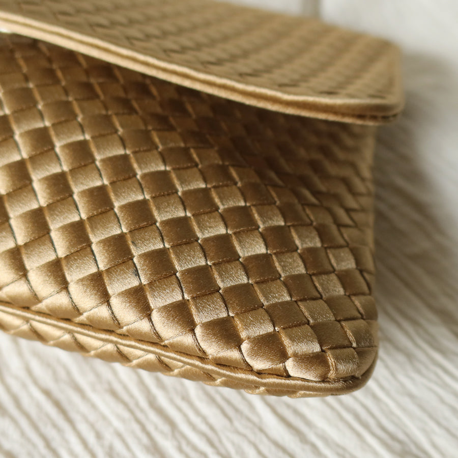Rare Bottega Veneta Vintage Gold Satin Intrecciato Clutch 2 way Flap Bag