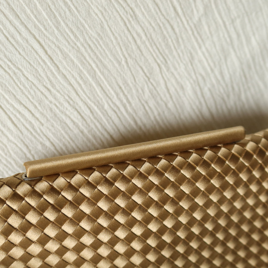 Rare Bottega Veneta Vintage Gold Satin Intrecciato Clutch 2 way Flap Bag